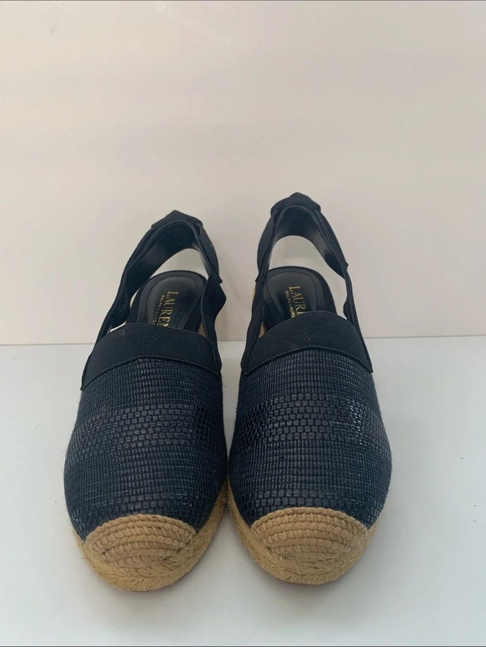 Lauren Ralph Lauren Black Woven Espadrille Slingback Wedges Size 7B